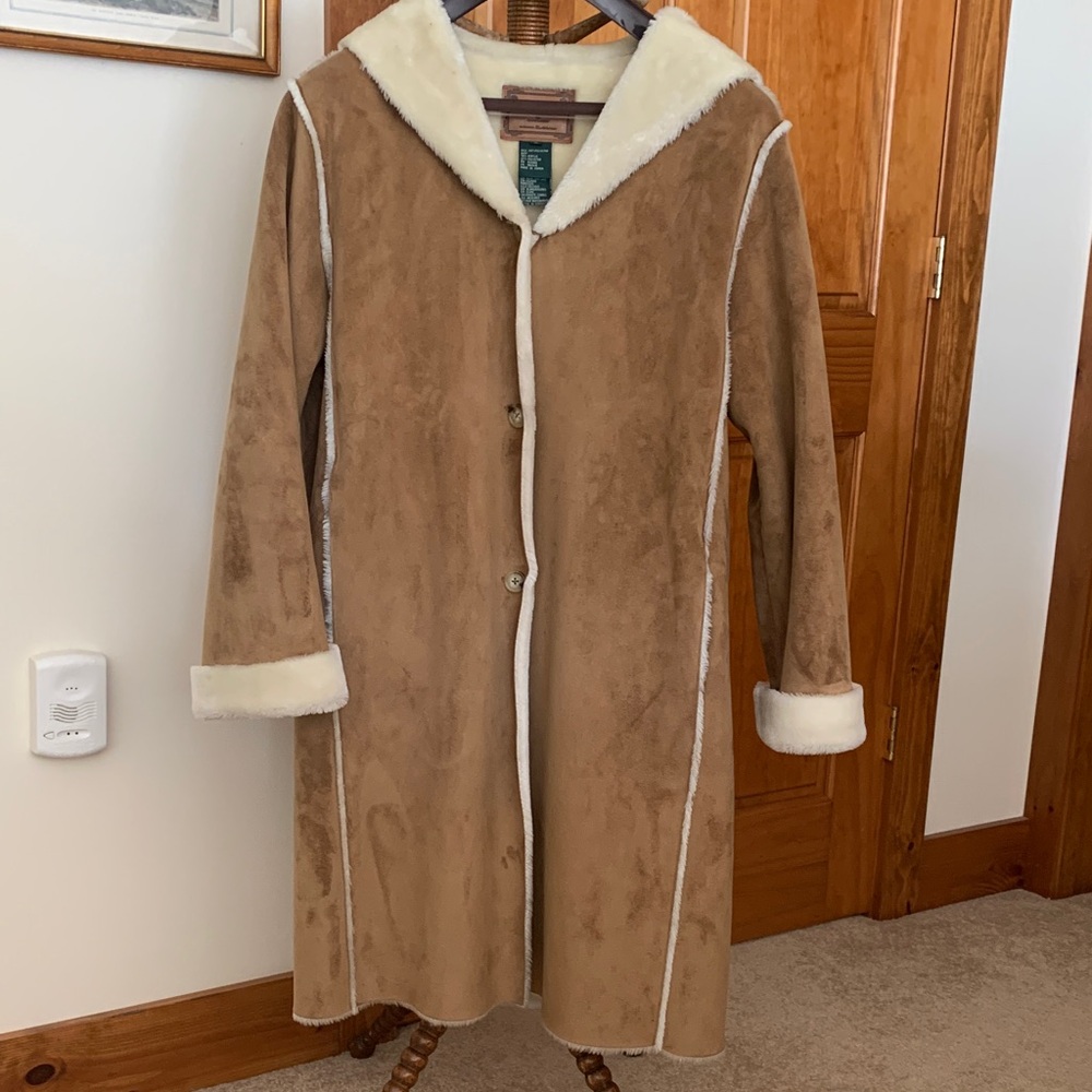 Tan Suede Women's Coat with Cream Trim, Lauren